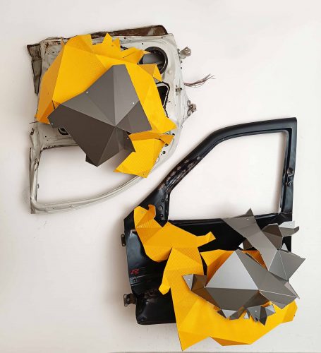 Asim Waqif
Collapse Analysis 5, 2022 2
Scraped car doors, acrylic lacquer. Prismatic reflective vinyl mounted on aluminium composite panel, mild steel screws
218 x 180 x 50 cm