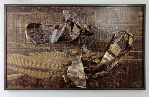 Asim Waqif
Development/Redevelopment 2, 2022
Gravura em latão, latão dobrado e triturado, ferragens metálicas
Etching on brass, folded and crushed brass, metal hardware
185,5 x 114,5 x 20 cm | 73,03 x 45,07 x 7,87 in